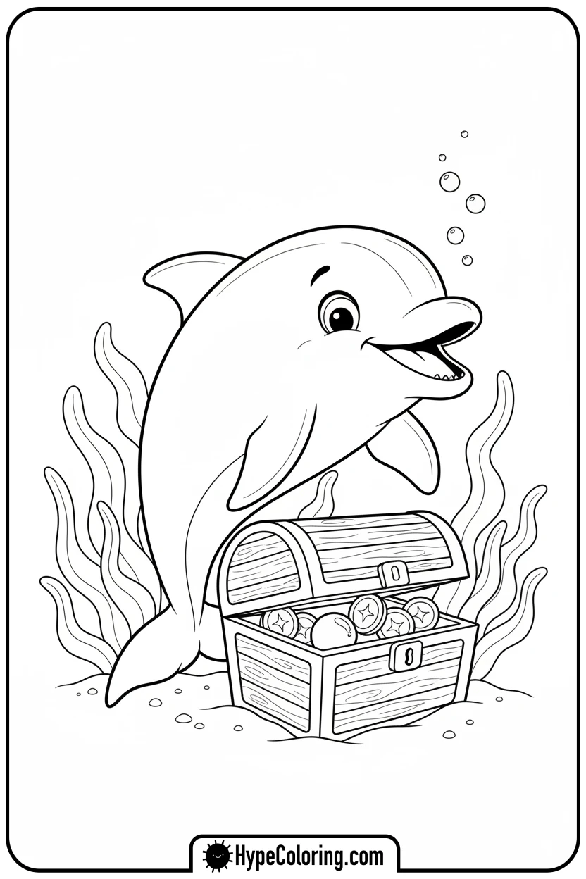 dolphin-finding-treasure-chest - dolphin coloring book pages