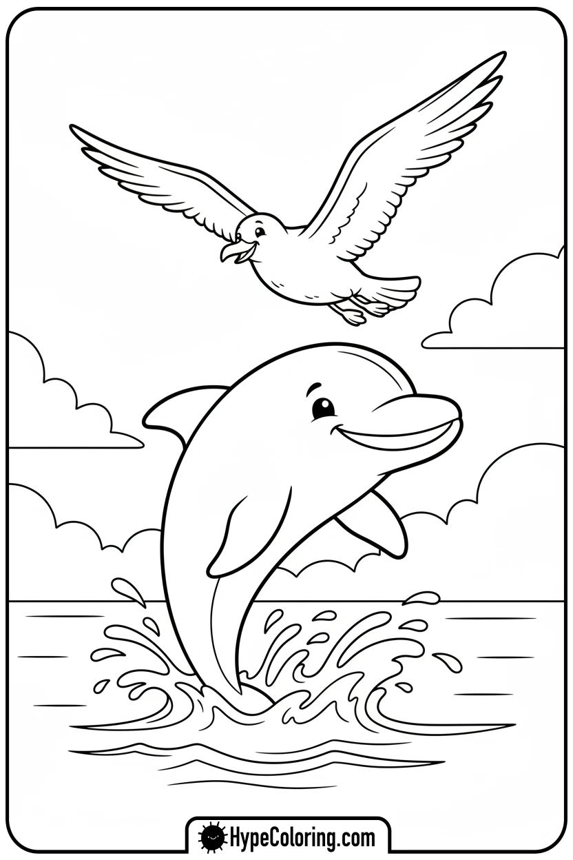 dolphin-greeting-seagull - dolphin coloring book pages