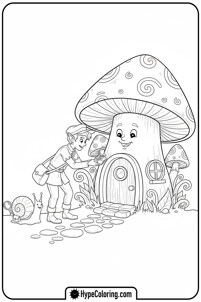 elf-delivering-mail-to-mushroom-house - elf coloring book pages