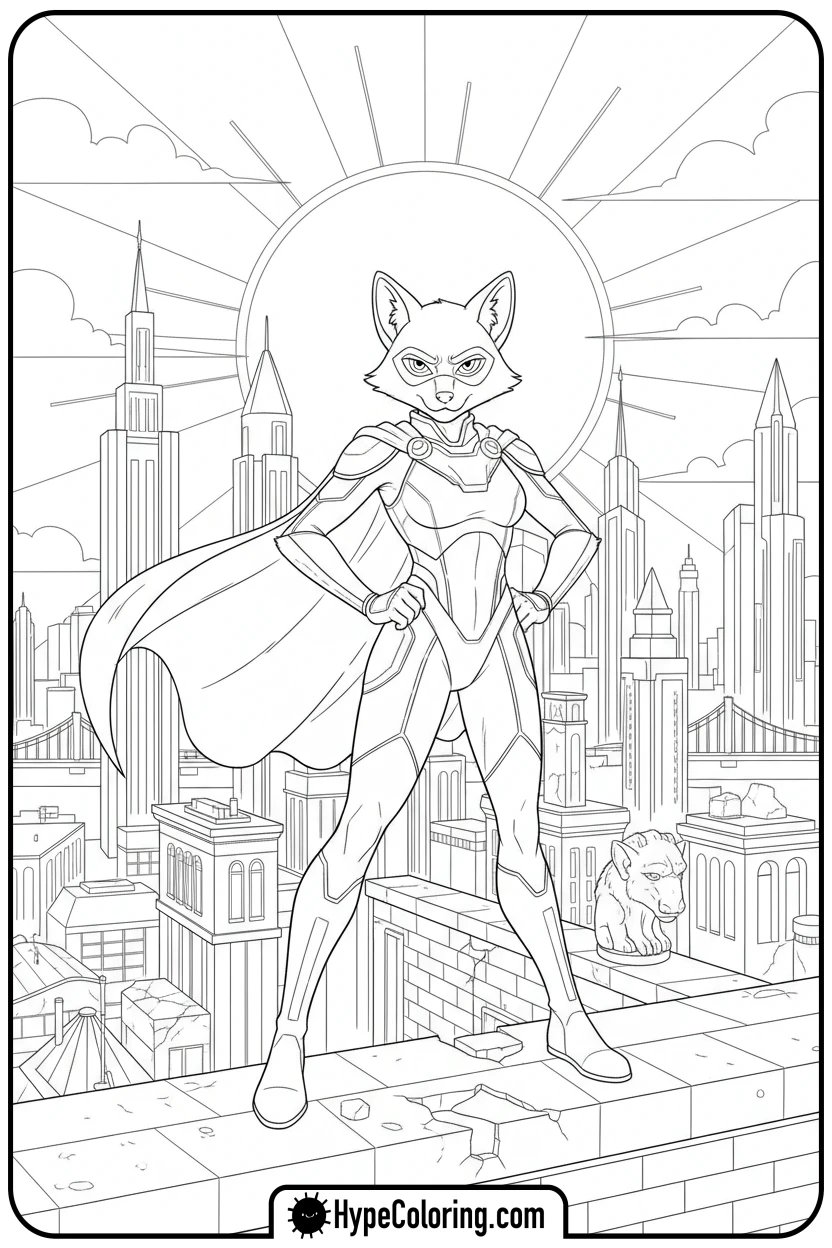 Click to download PDF ginny-heroic-on-rooftop - free printable super kitties coloring pages