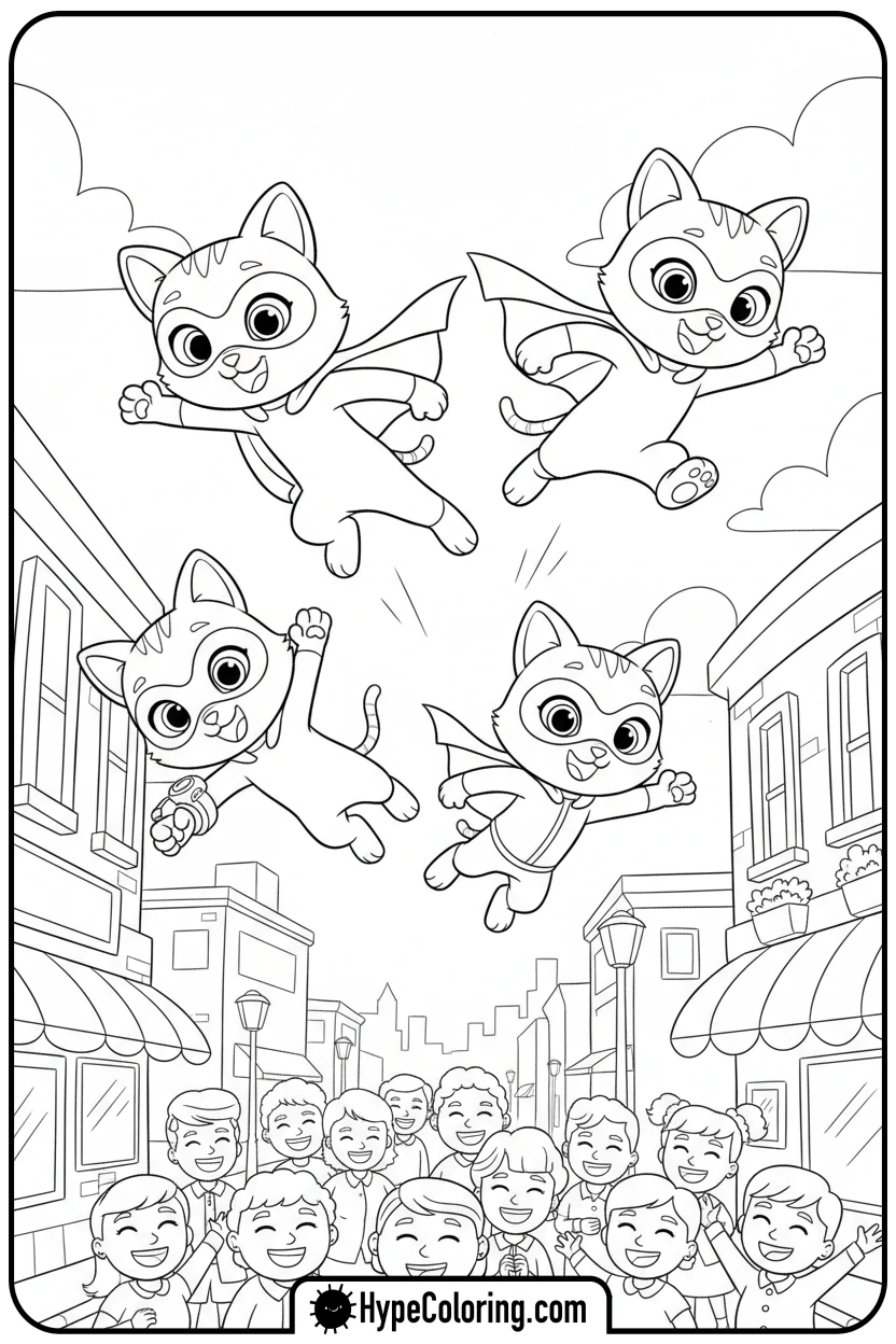 Click to download PDF super-kitties-leaping-to-action - free printable super kitties coloring pages