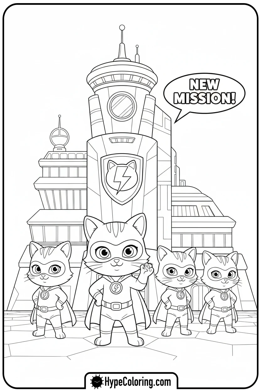 Click to download PDF super-kitties-at-hq - free printable super kitties coloring pages