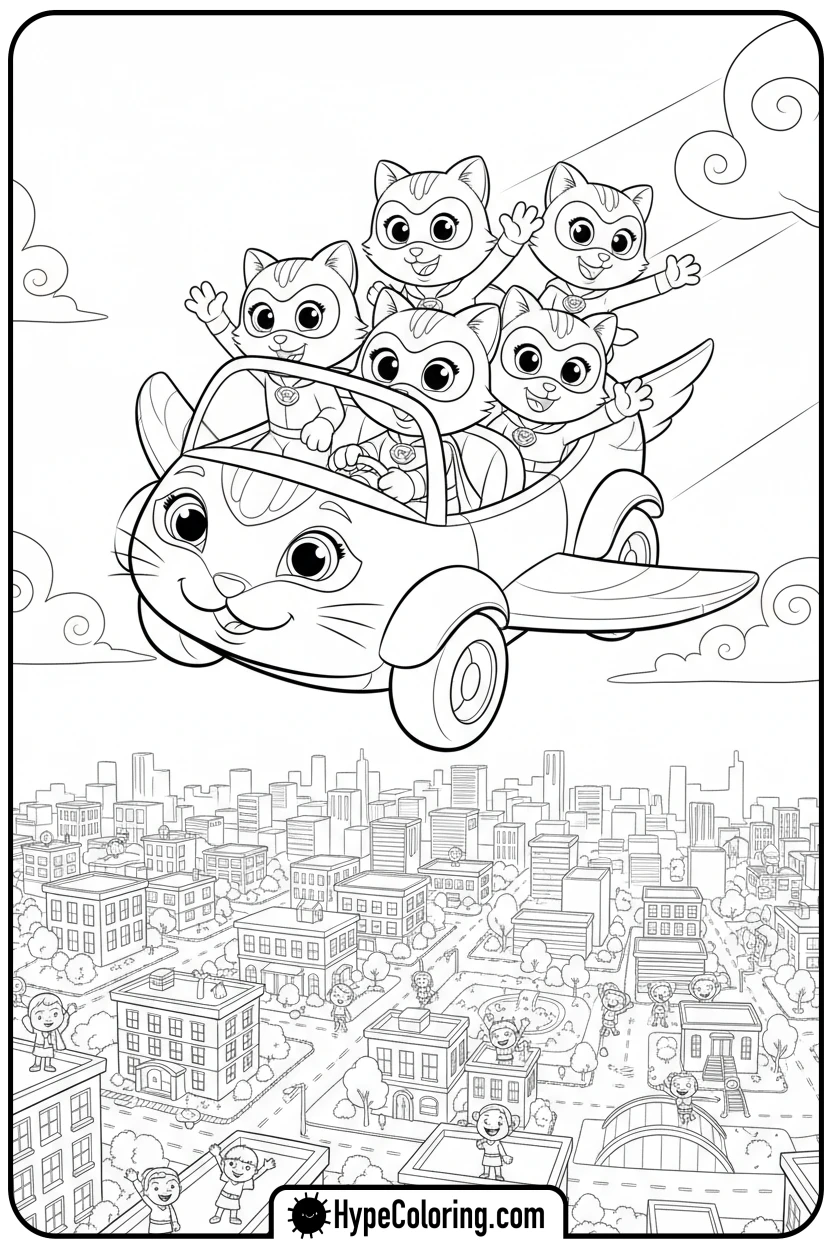 Click to download PDF super-kitties-flying-kitty-car - free printable super kitties coloring pages
