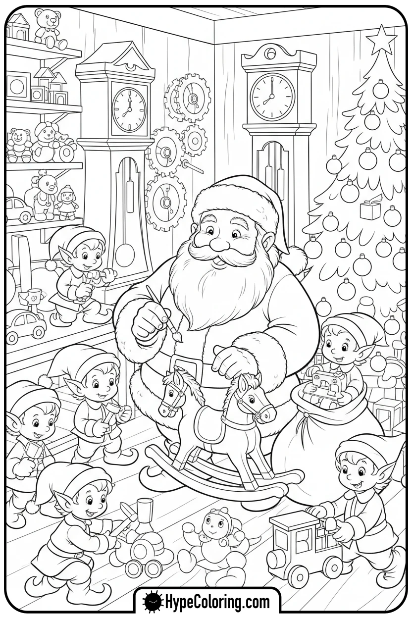 santa-in-workshop-with-elves - santa claus coloring pages