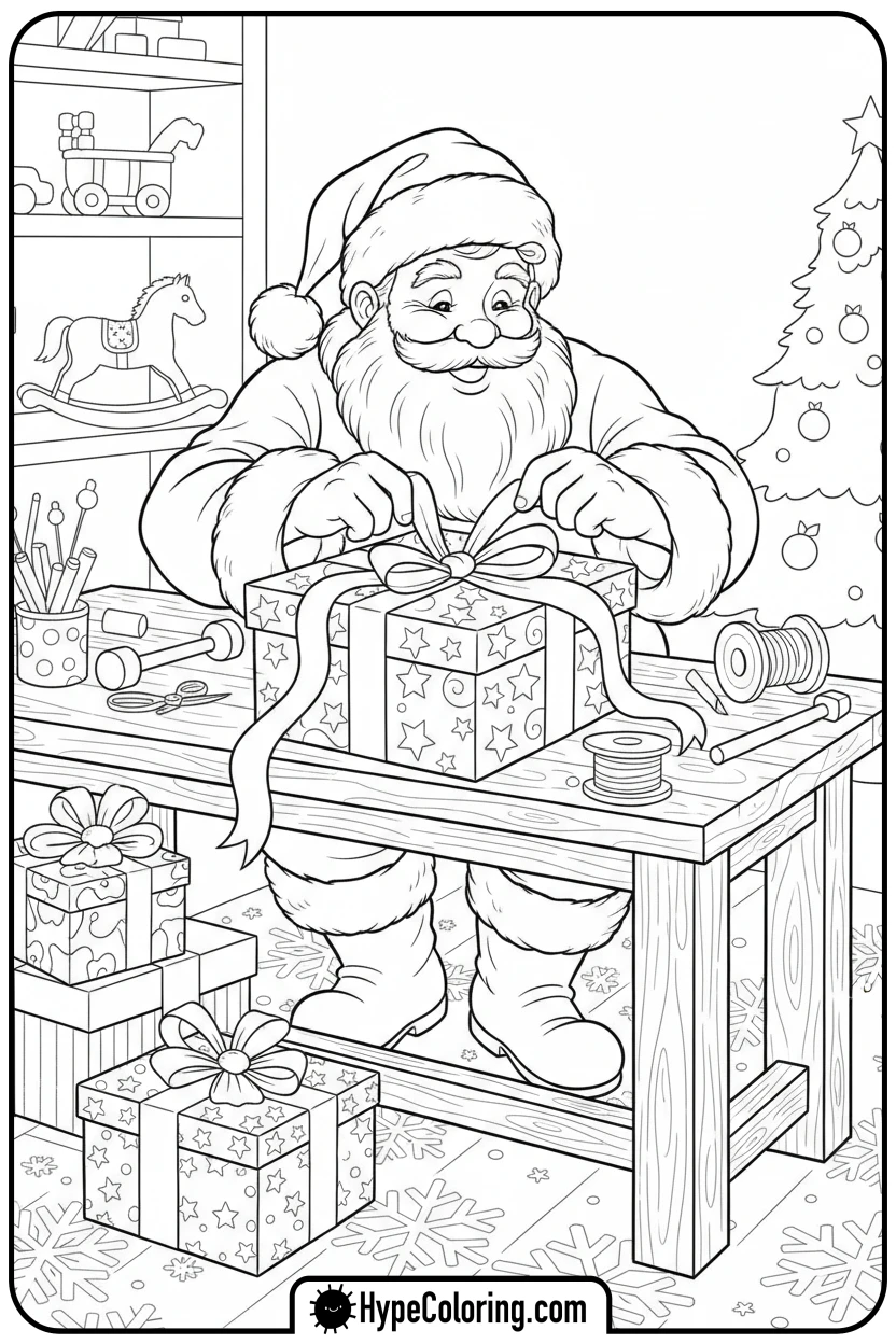 santa-tying-bow-on-gift - santa claus coloring pages
