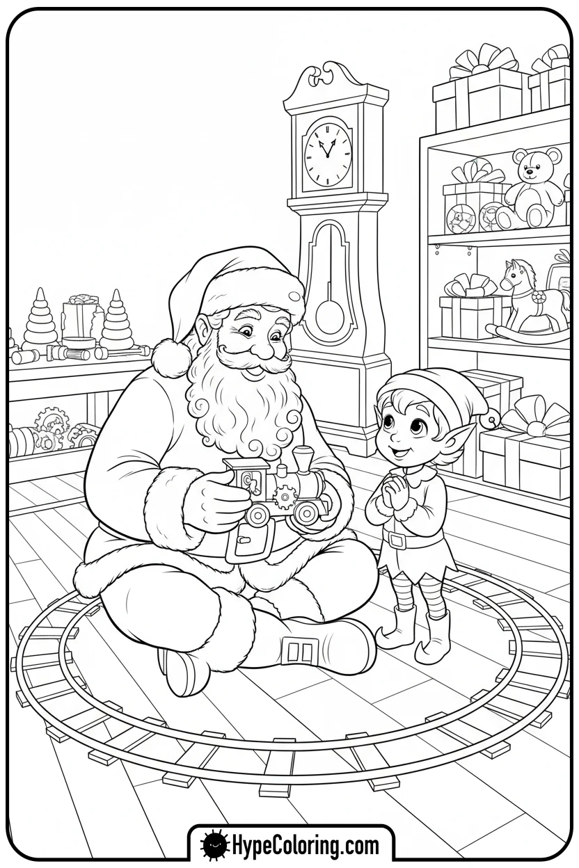 santa-playing-with-toy-train - santa claus coloring pages