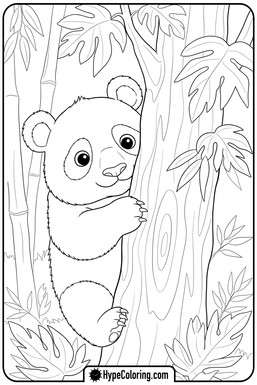 Click to download PDF panda-peeking-from-tree - coloring page of a panda bear