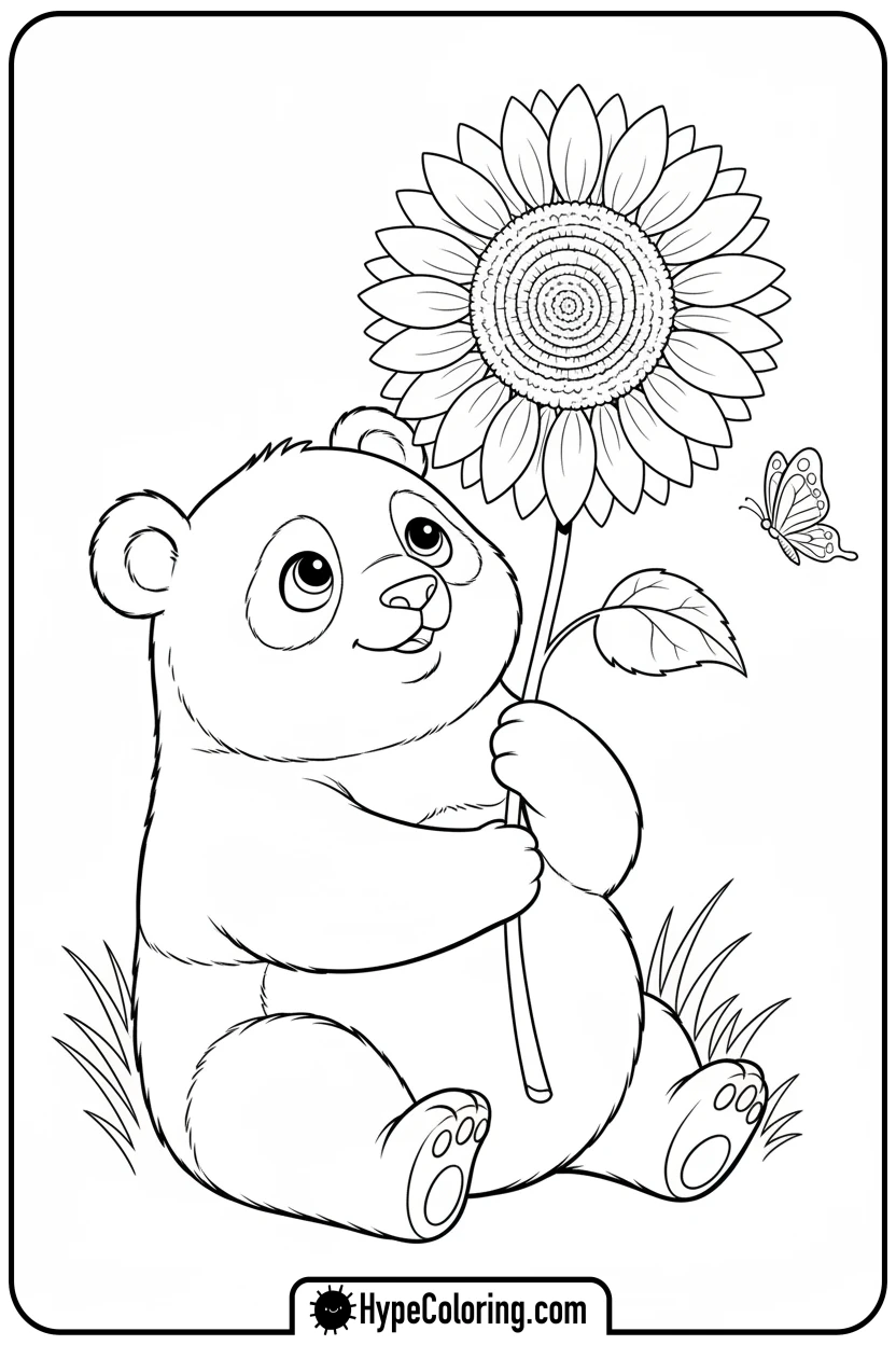 Click to download PDF panda-holding-sunflower - coloring page of a panda bear