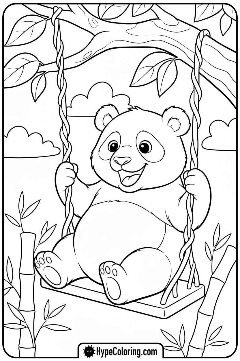 Click to download PDF panda-on-a-swing - coloring page of a panda bear