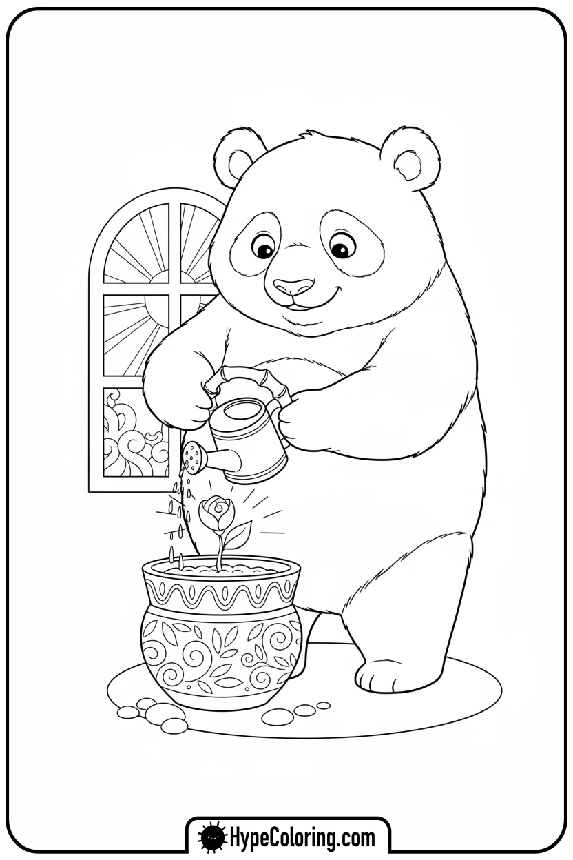 Click to download PDF panda-watering-plant - coloring page of a panda bear