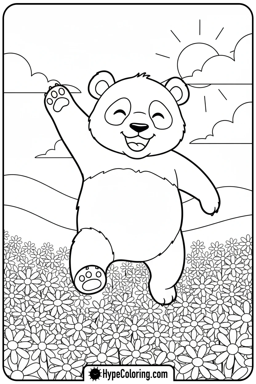 Click to download PDF panda-skipping-in-field - coloring page of a panda bear