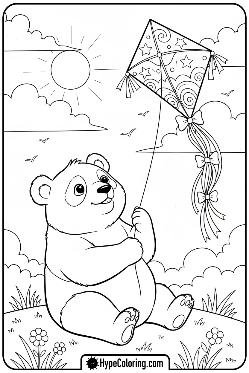 Click to download PDF panda-flying-a-kite - coloring page of a panda bear
