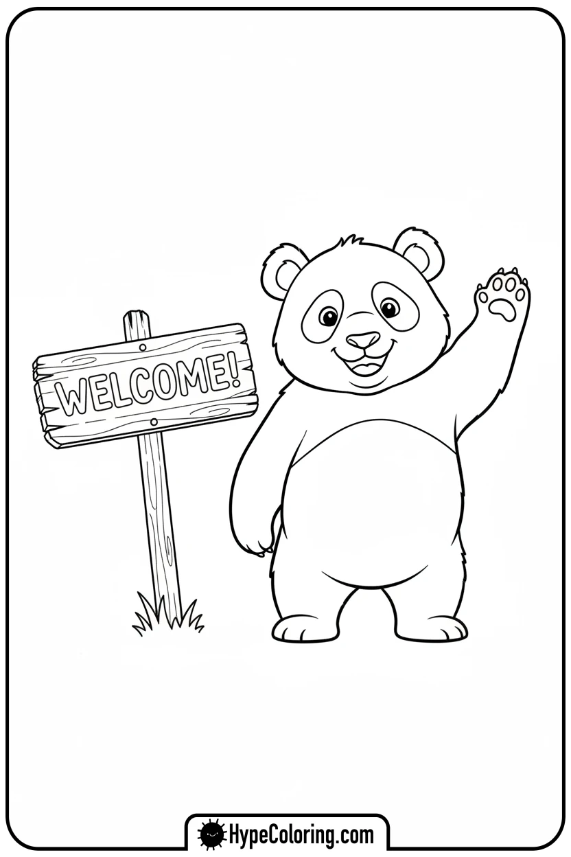 Click to download PDF panda-waving-hello - coloring page of a panda bear