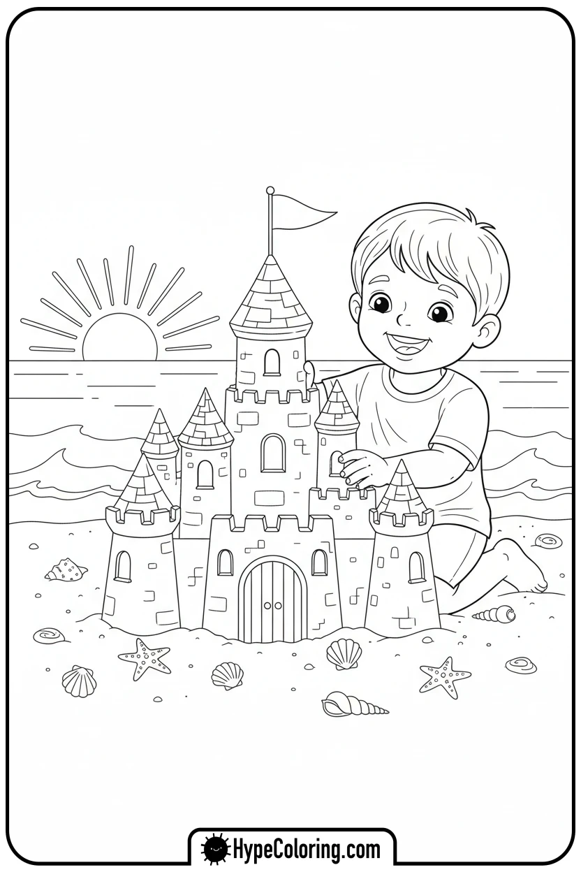 Click to download PDF child-building-a-sandcastle - beach coloring page
