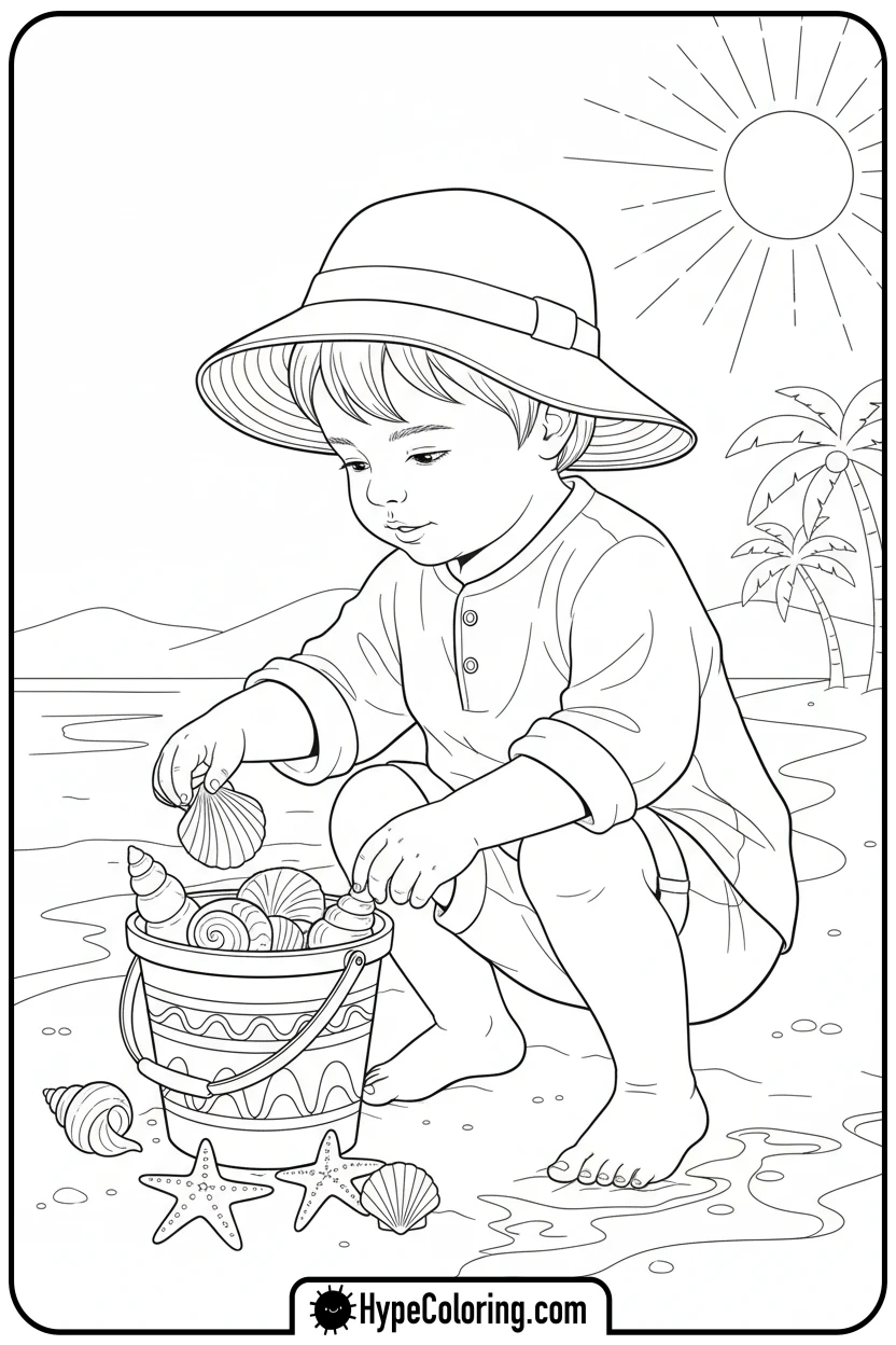 Click to download PDF child-collecting-seashells - beach coloring page