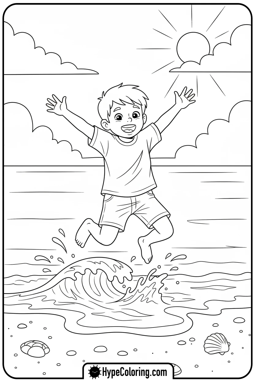 Click to download PDF child-splashing-in-waves - beach coloring page