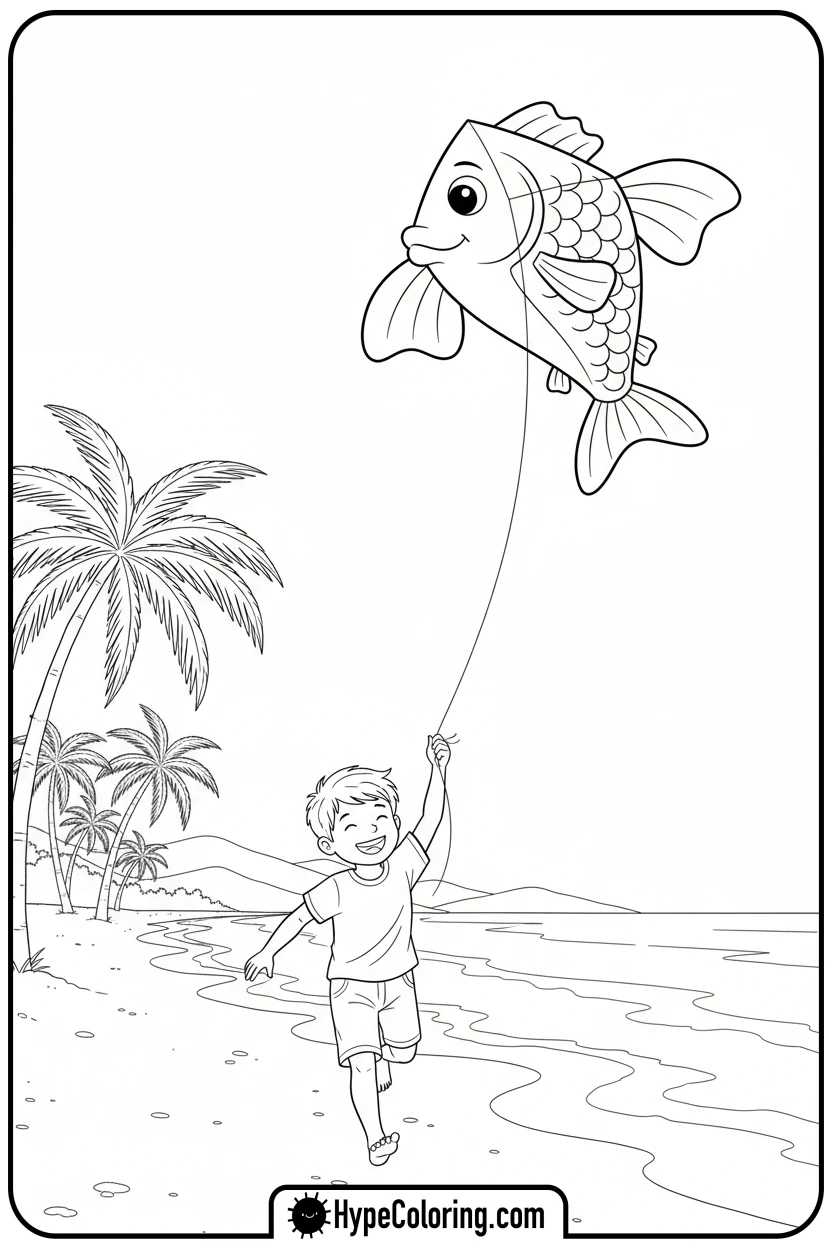 Click to download PDF child-flying-a-fish-kite - beach coloring page