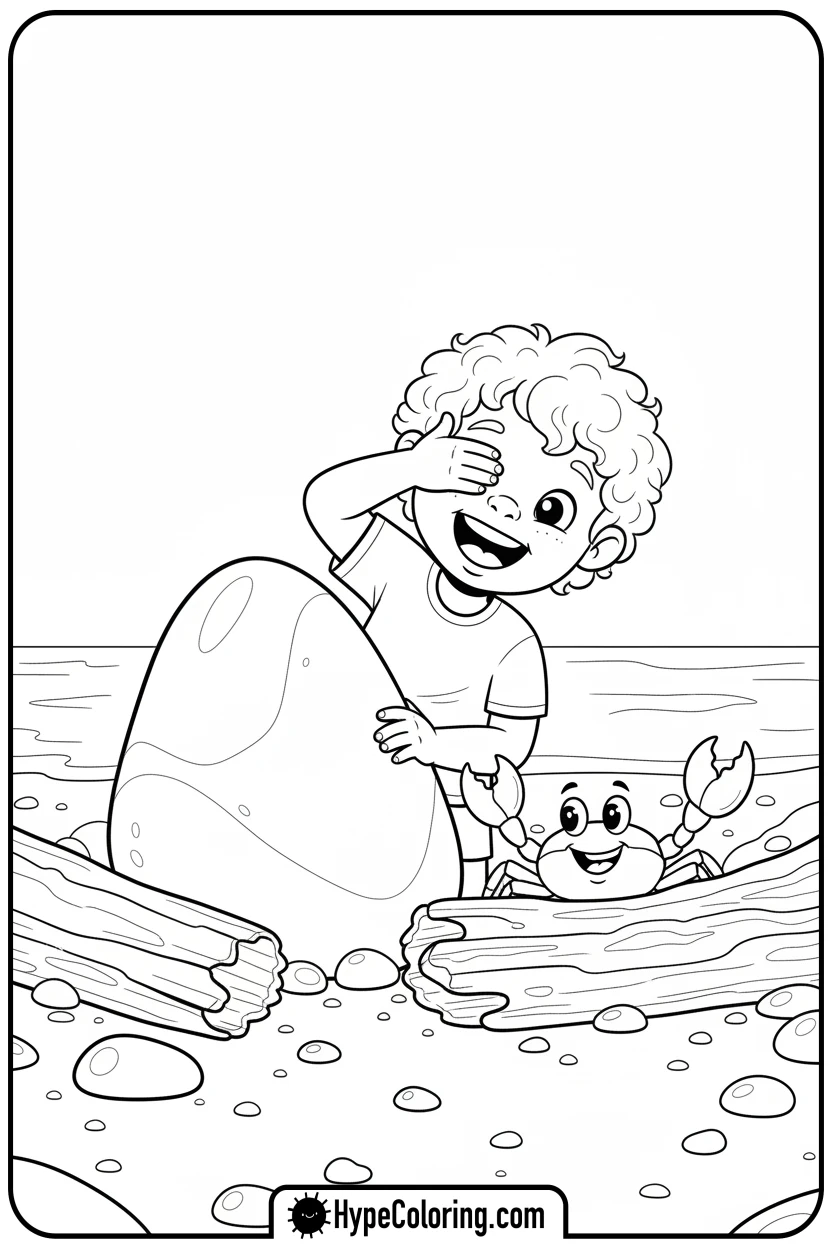 Click to download PDF child-playing-with-crab - beach coloring page