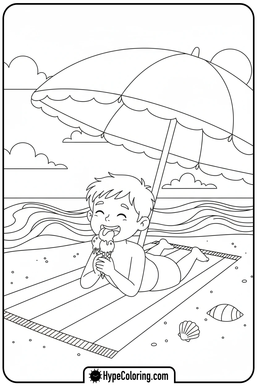 Click to download PDF child-eating-ice-cream-on-beach - beach coloring page