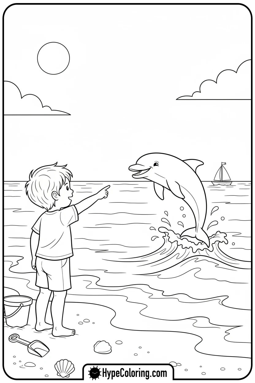 Click to download PDF child-watching-dolphin - beach coloring page