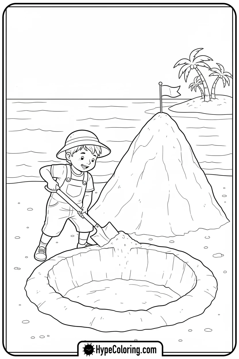 Click to download PDF child-digging-in-sand - beach coloring page