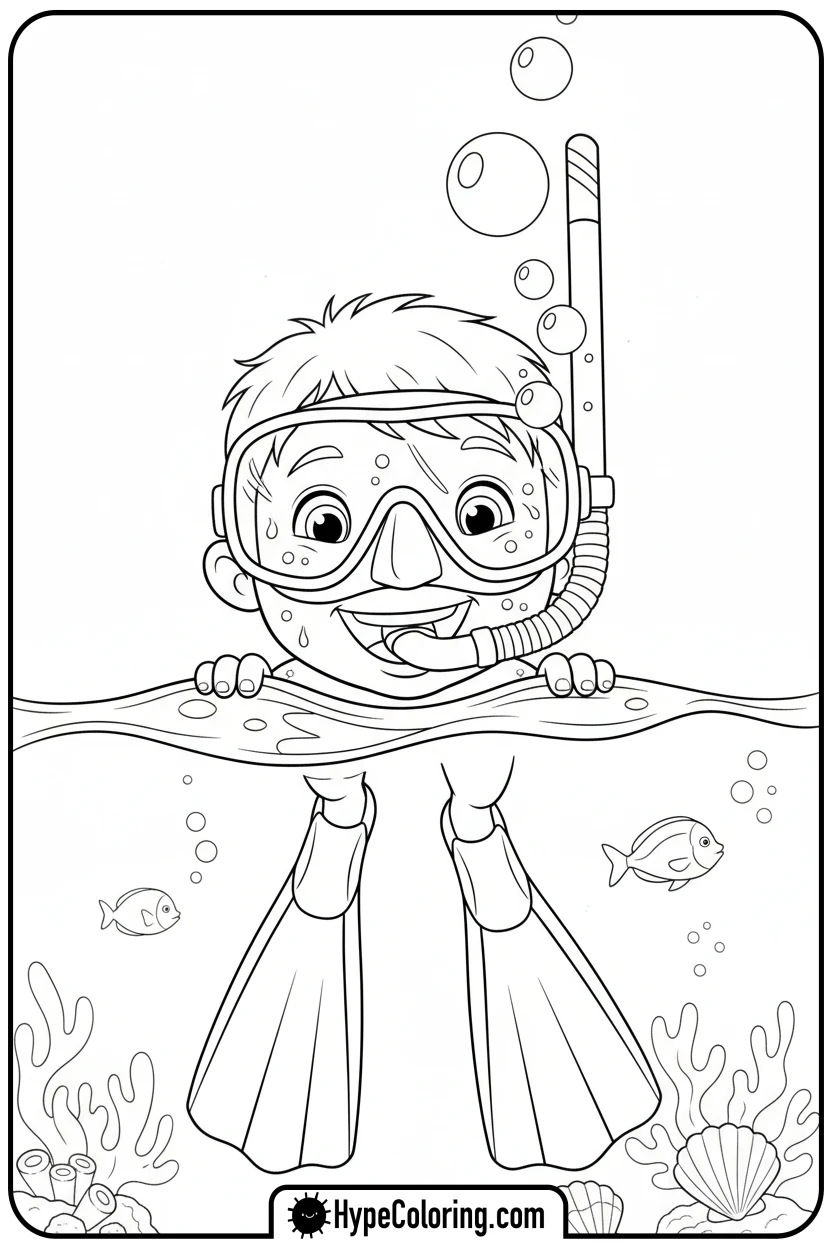 Click to download PDF child-snorkeling-in-ocean - beach coloring page