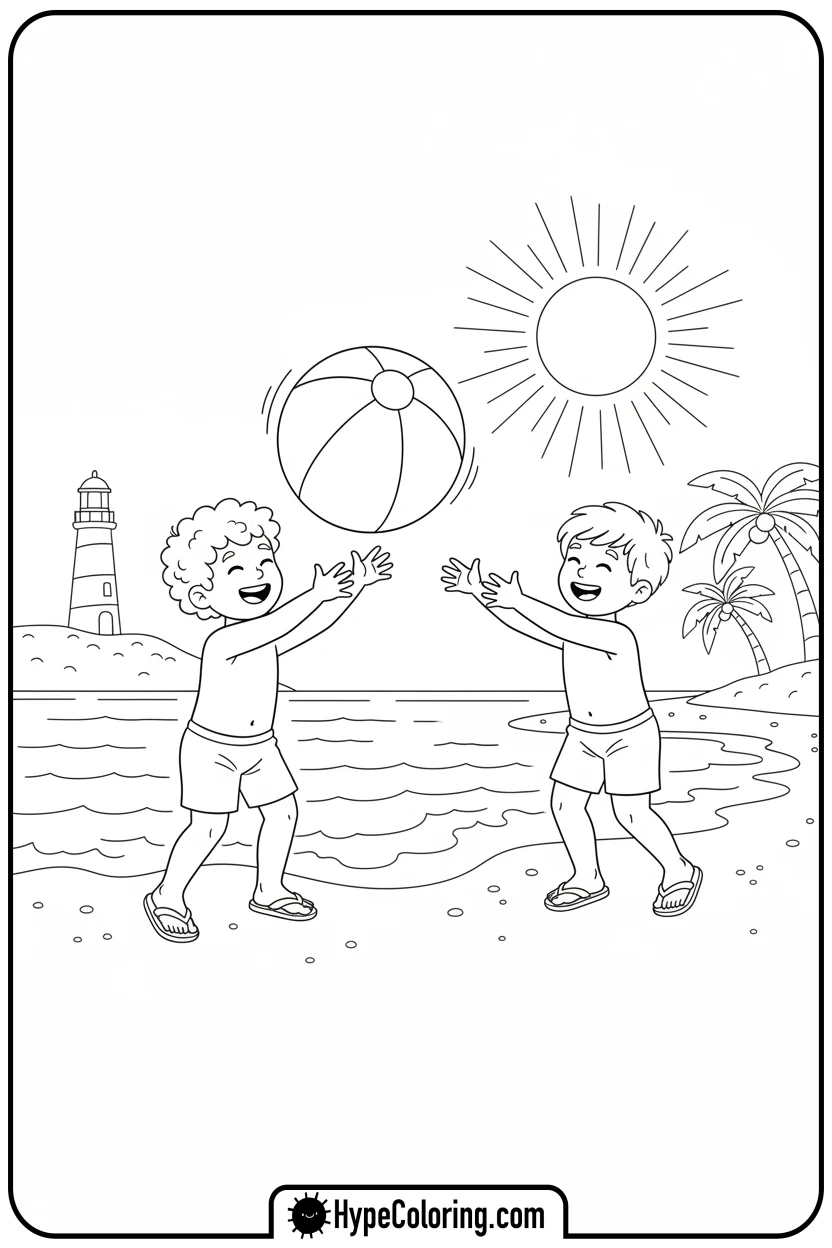 Click to download PDF children-playing-beach-ball - beach coloring page