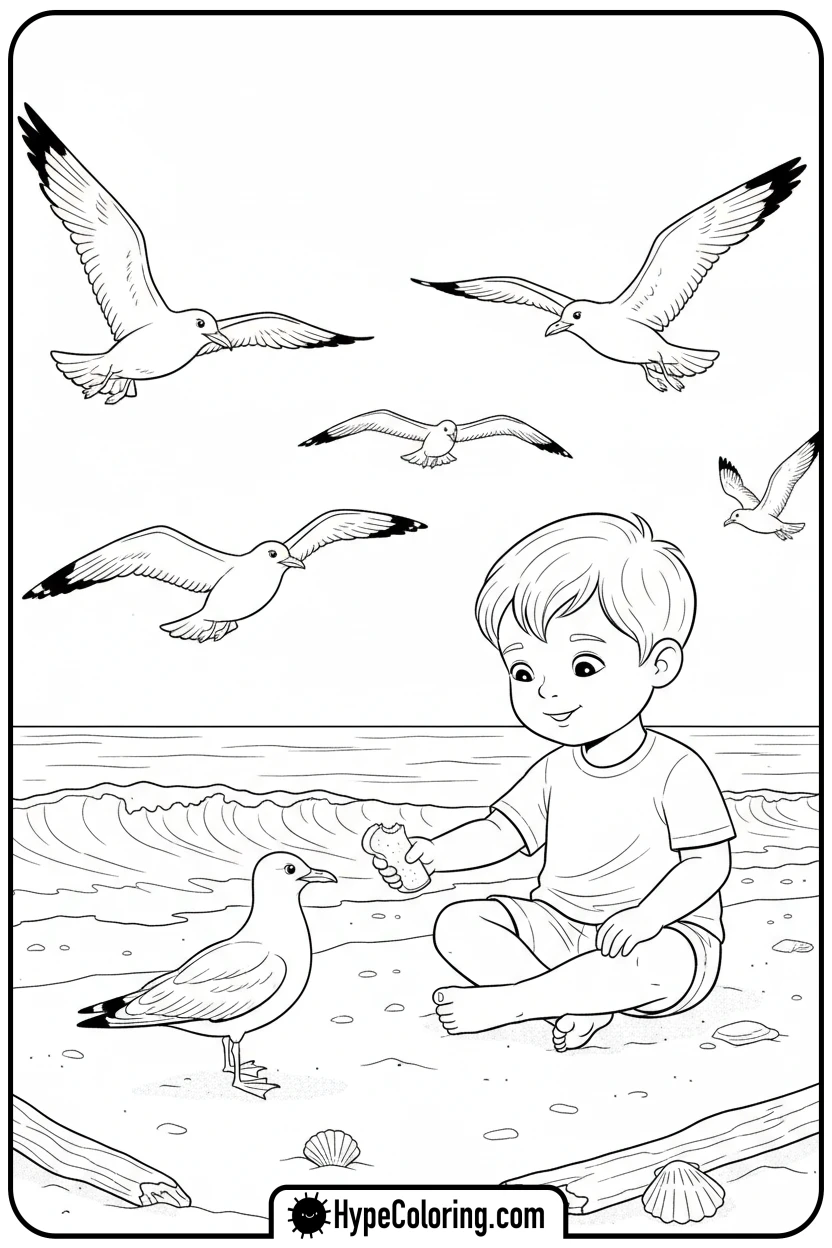 Click to download PDF child-feeding-a-seagull - beach coloring page