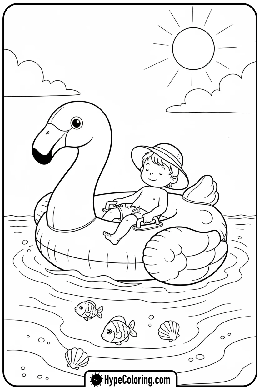 Click to download PDF child-on-flamingo-float - beach coloring page