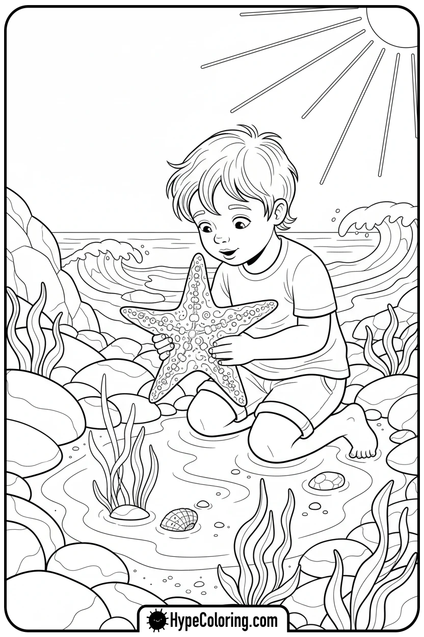 Click to download PDF child-examining-starfish - beach coloring page