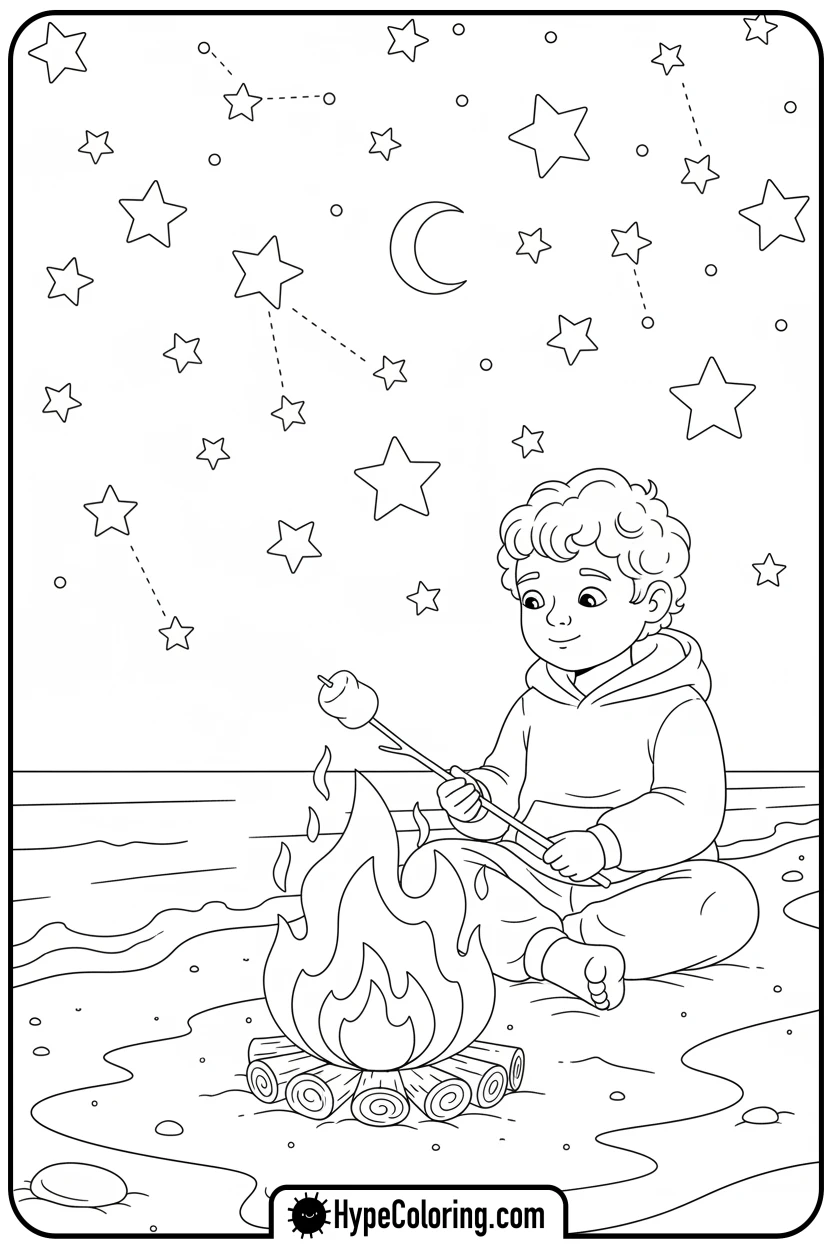 Click to download PDF child-roasting-marshmallow-on-beach - beach coloring page