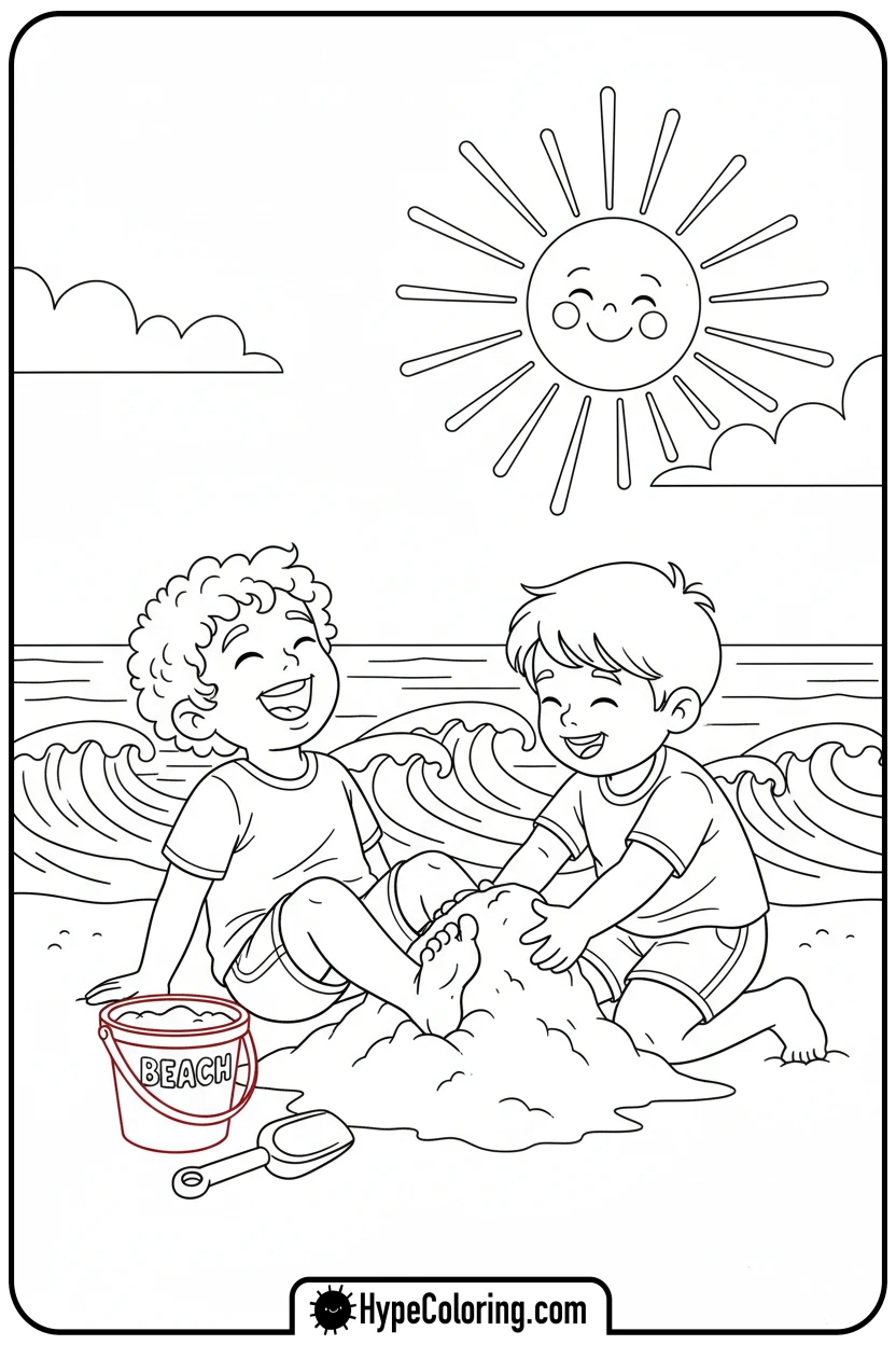Click to download PDF child-s-feet-buried-in-sand - beach coloring page
