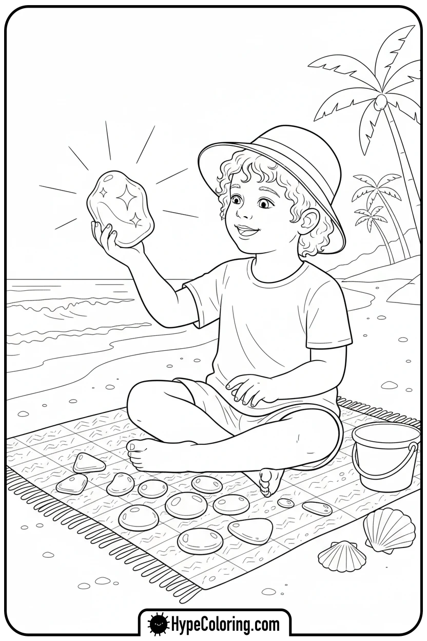 Click to download PDF child-collecting-sea-glass - beach coloring page