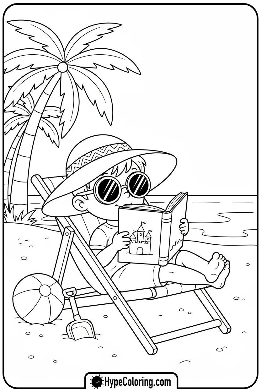 Click to download PDF child-reading-on-beach-chair - beach coloring page