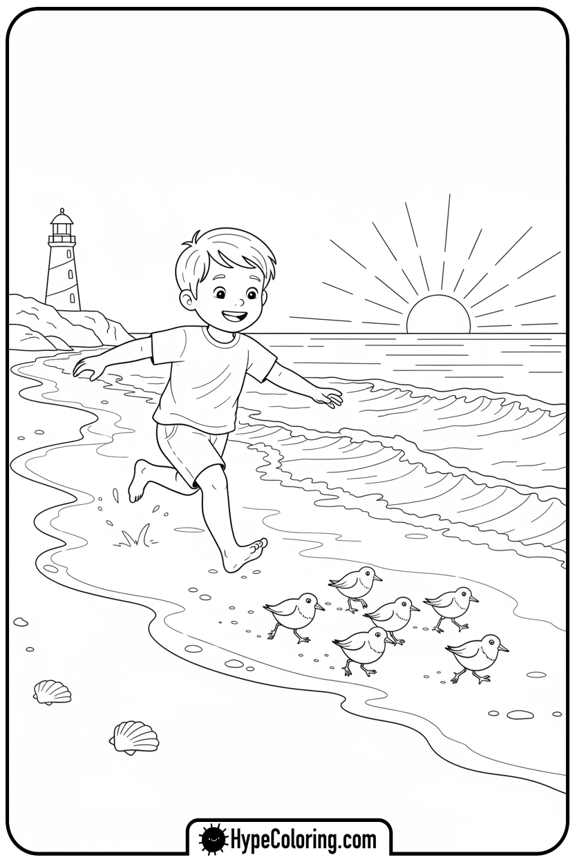 Click to download PDF child-chasing-birds-on-beach - beach coloring page