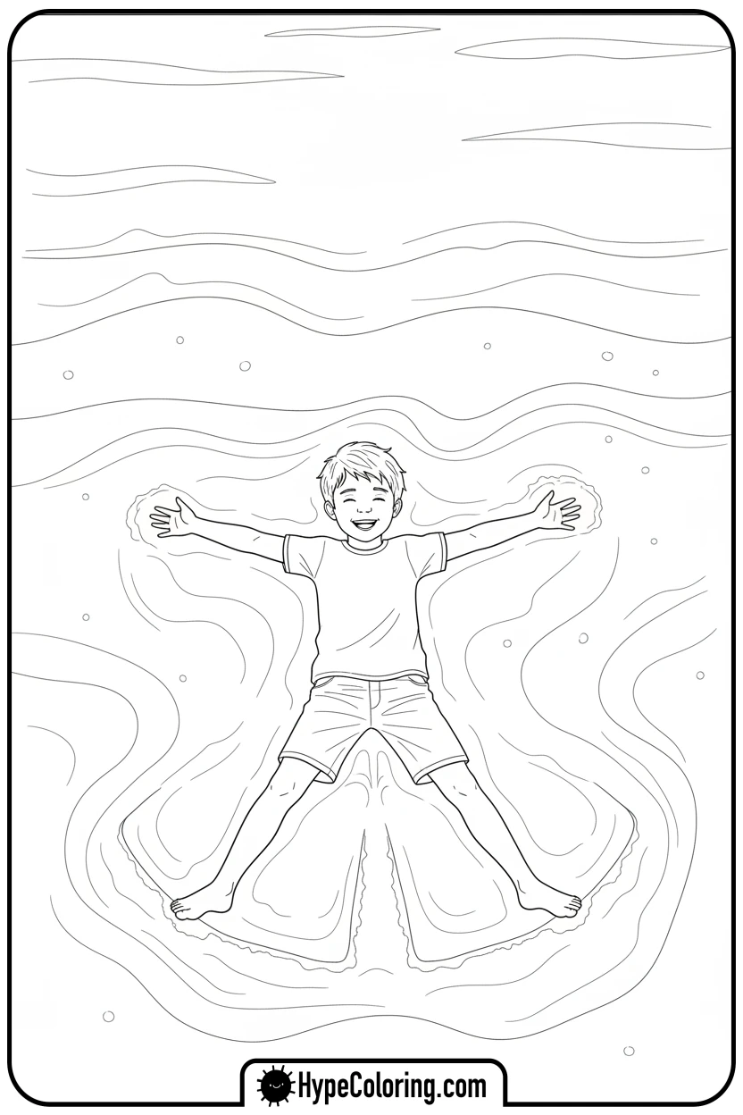 Click to download PDF child-making-sand-angel - beach coloring page