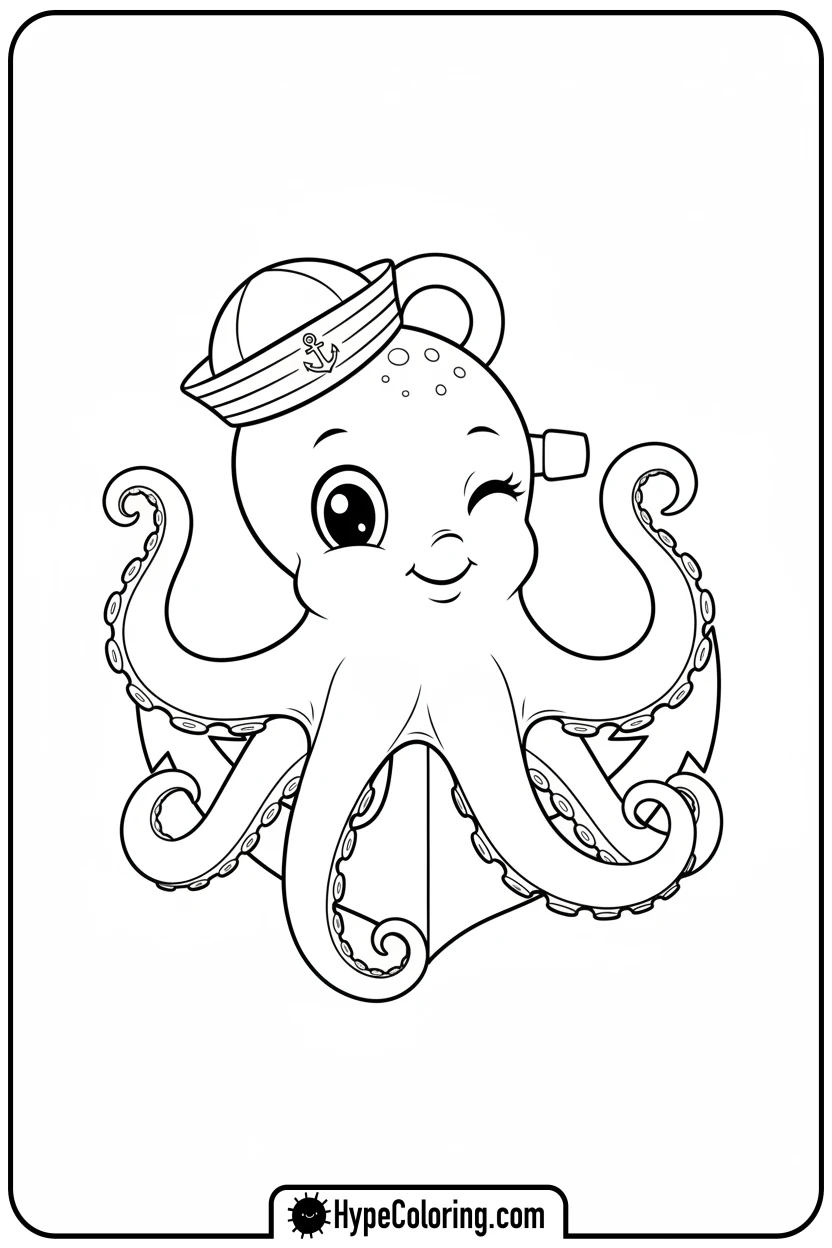 Click to download PDF octopus-wearing-sailor-hat - coloring page of an octopus