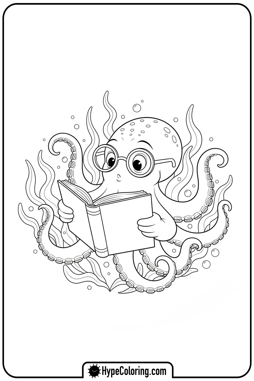 Click to download PDF octopus-reading-a-book - coloring page of an octopus