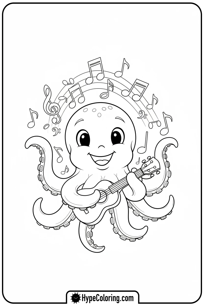 Click to download PDF octopus-playing-ukulele - coloring page of an octopus