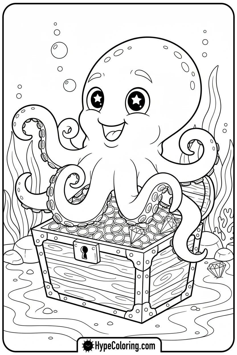 Click to download PDF octopus-guarding-treasure-chest - coloring page of an octopus