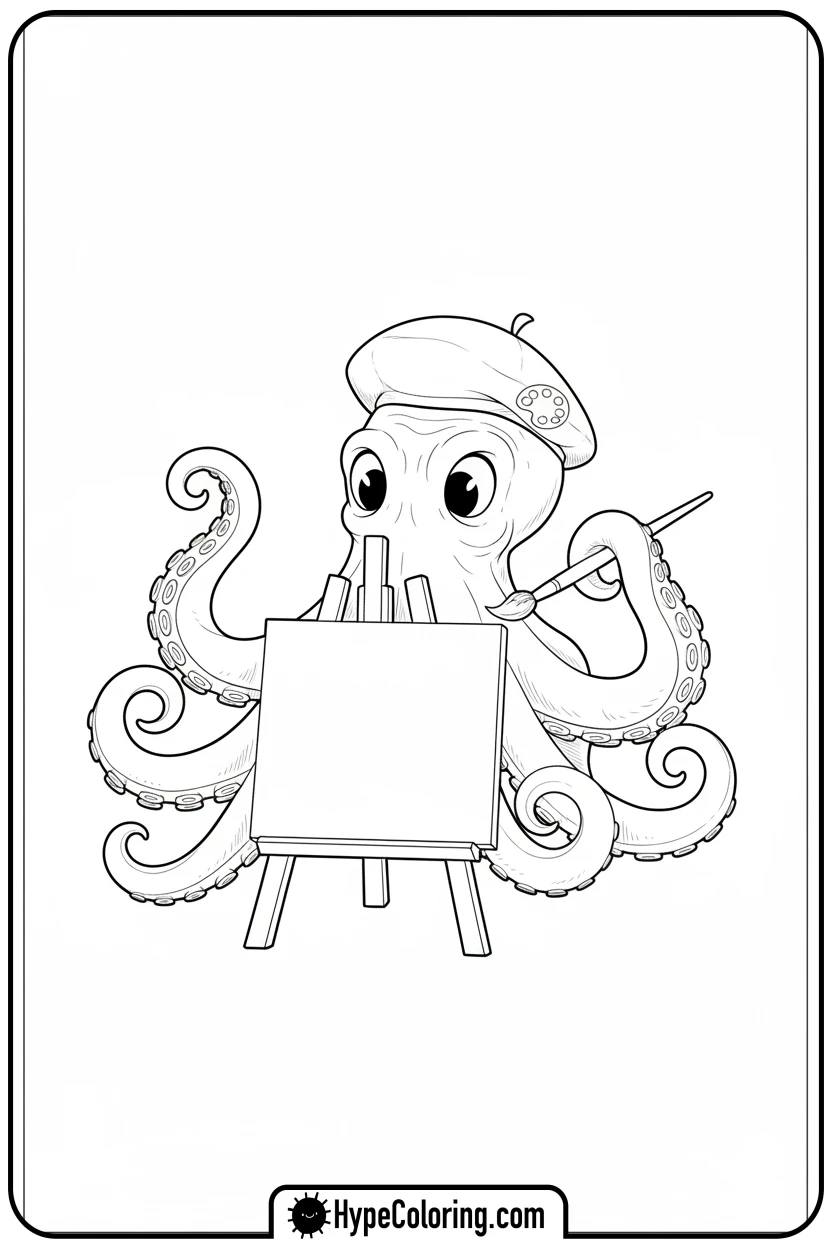 Click to download PDF octopus-painting-on-easel - coloring page of an octopus