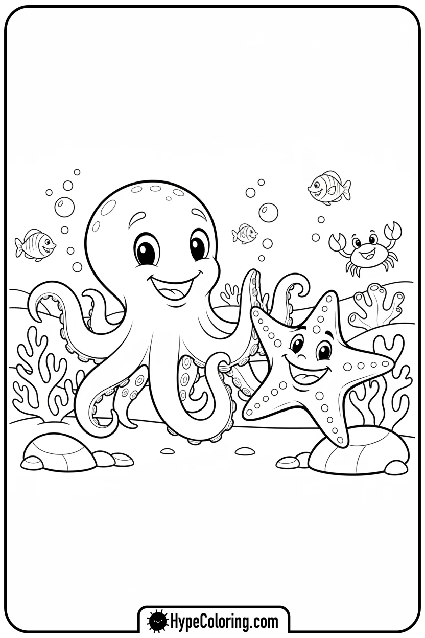Click to download PDF octopus-high-fiving-starfish - coloring page of an octopus