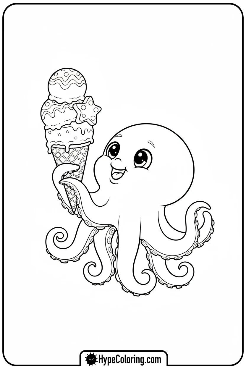 Click to download PDF octopus-holding-ice-cream - coloring page of an octopus