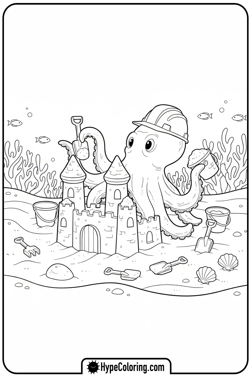 Click to download PDF octopus-building-sandcastle - coloring page of an octopus