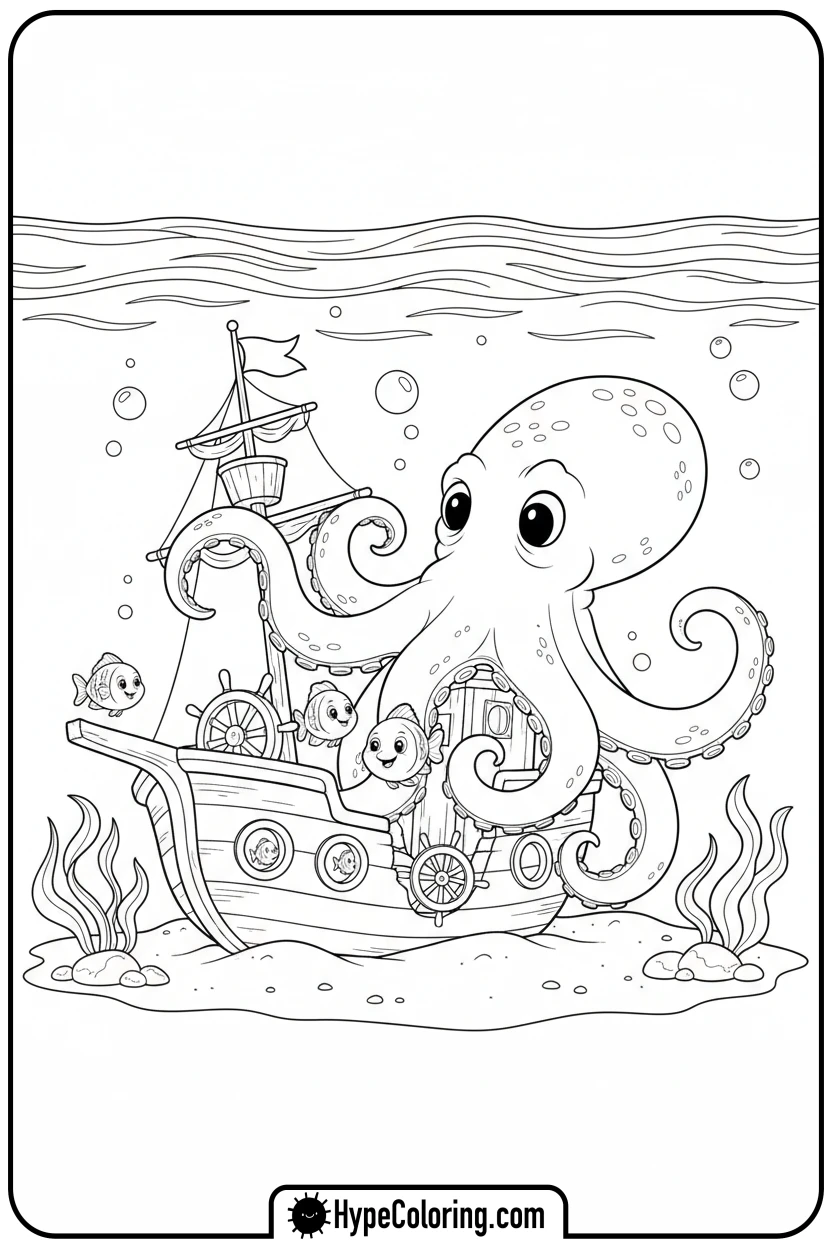 Click to download PDF octopus-exploring-shipwreck - coloring page of an octopus