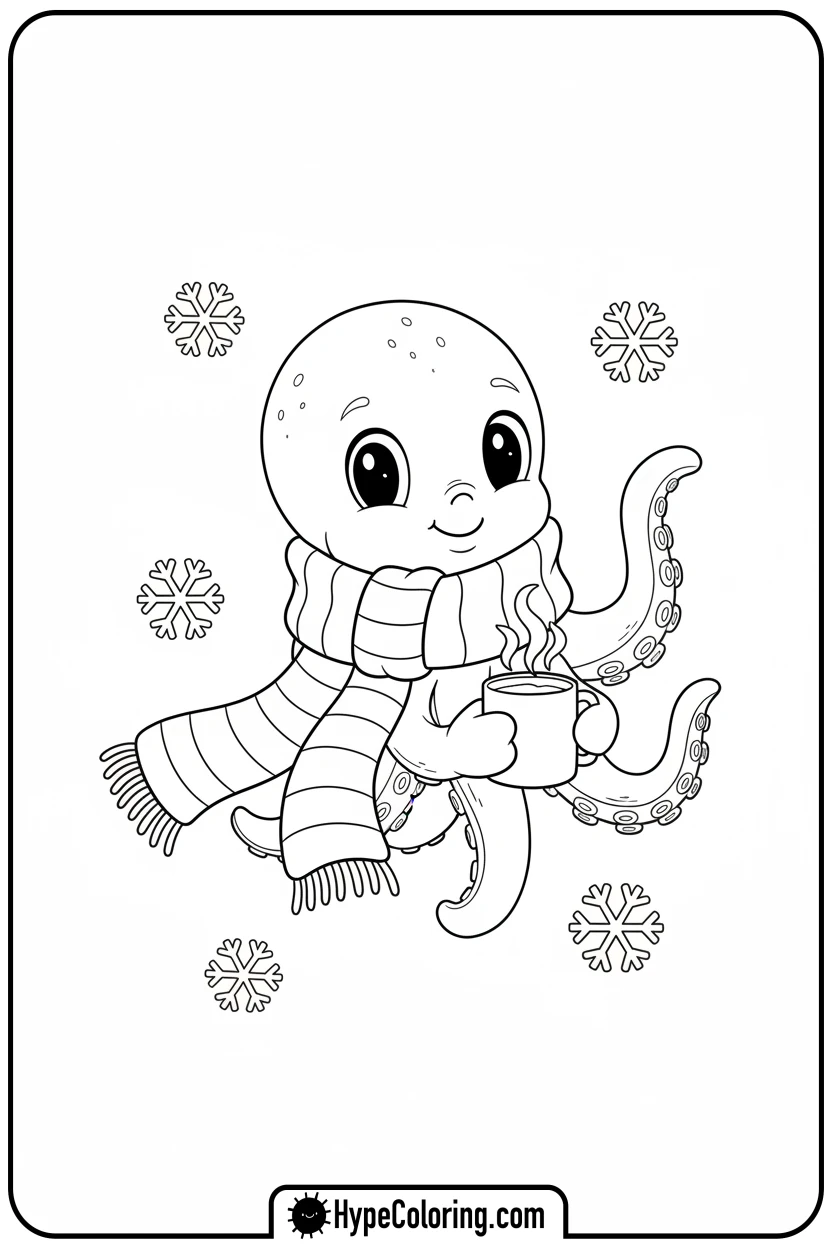 Click to download PDF octopus-wearing-winter-scarf - coloring page of an octopus