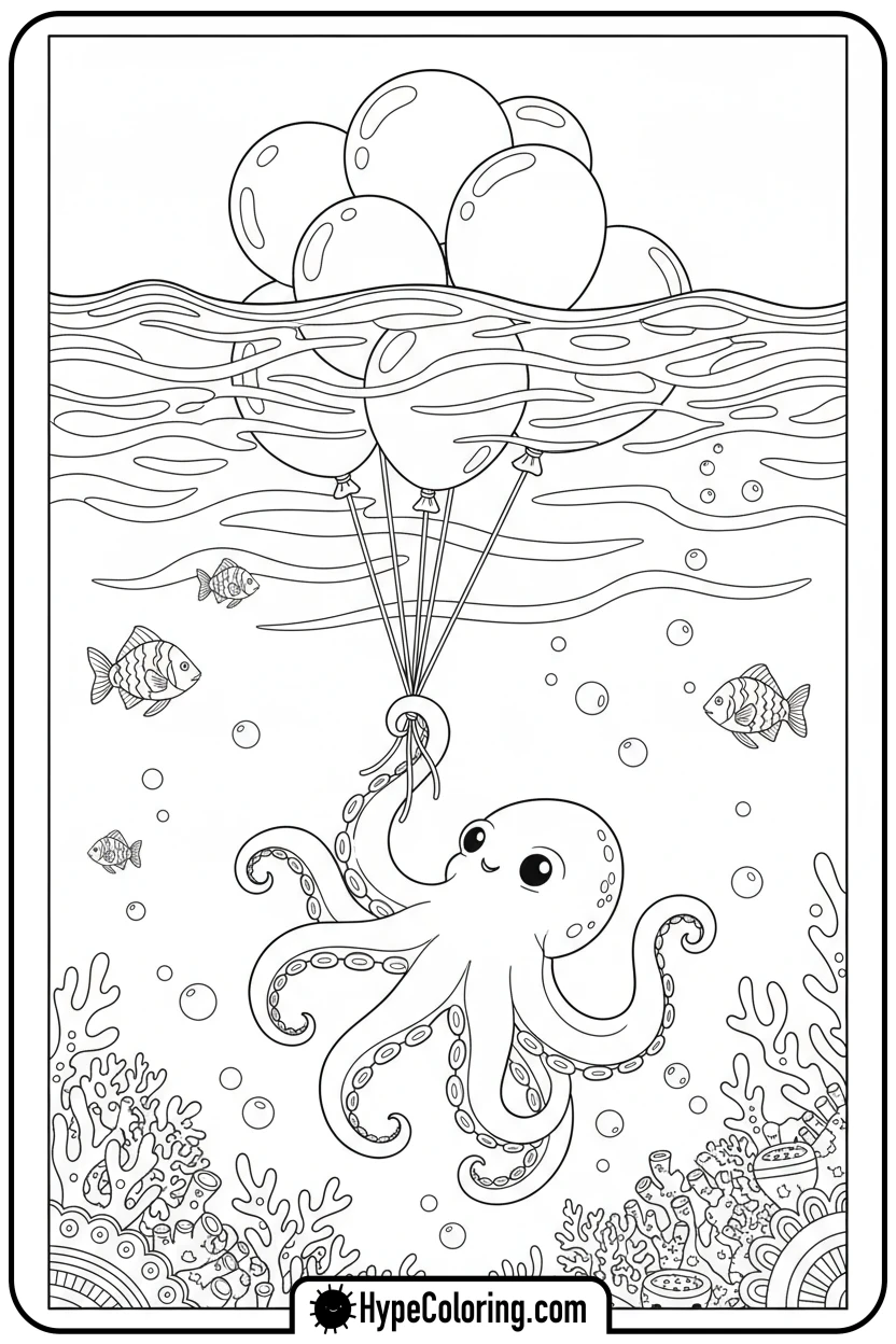 Click to download PDF octopus-floating-with-balloons - coloring page of an octopus