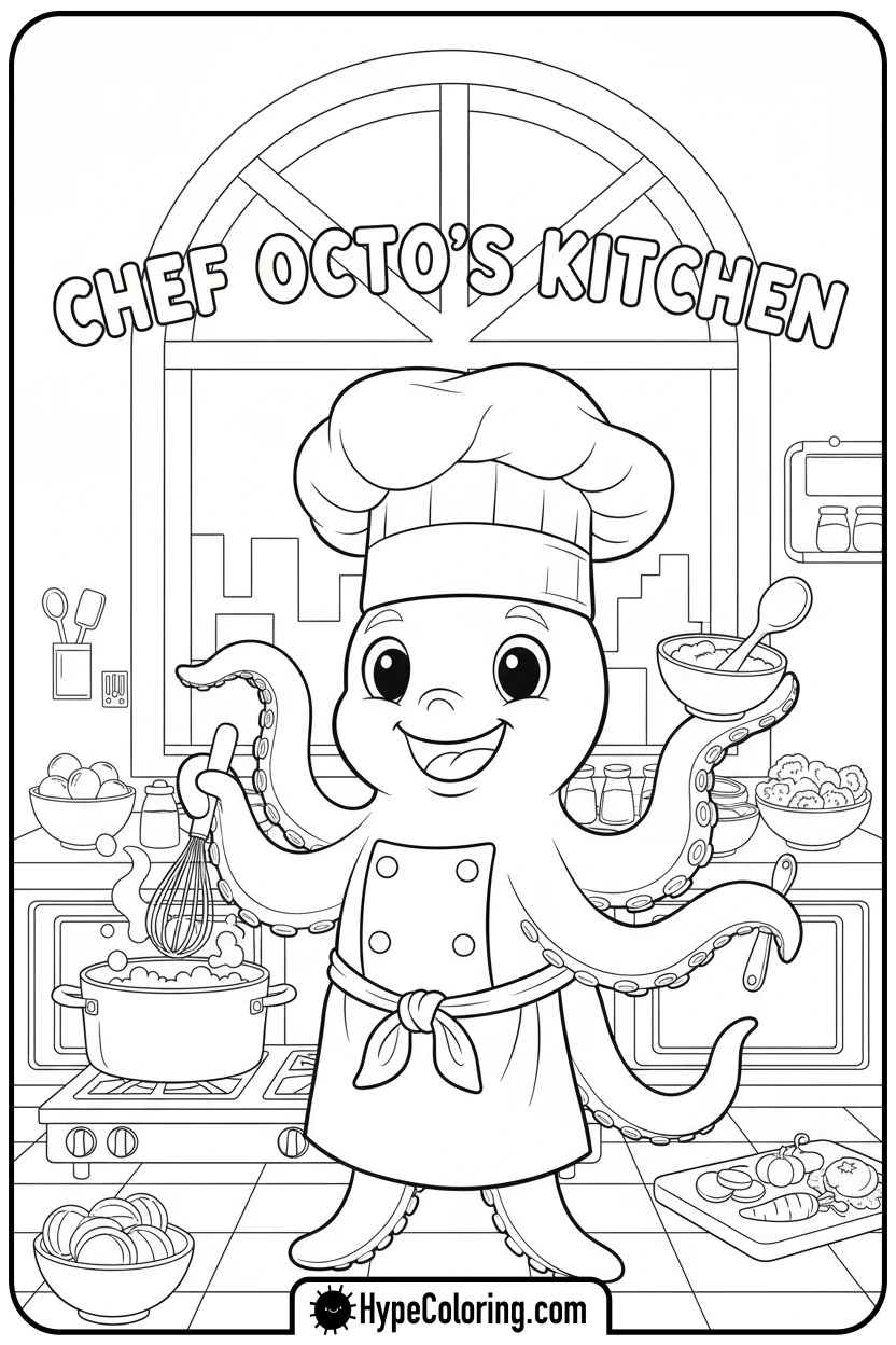 Click to download PDF octopus-chef-stirring-pot - coloring page of an octopus