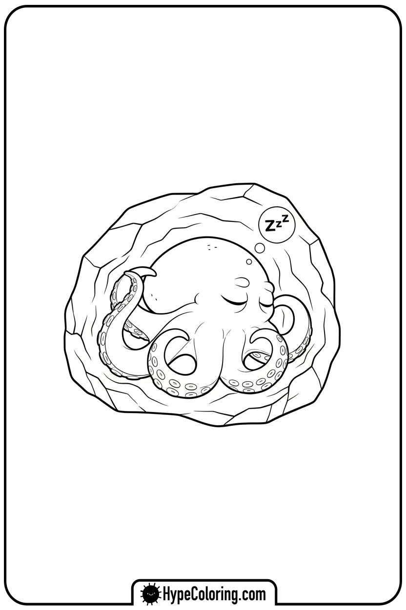 Click to download PDF sleeping-octopus-in-crevice - coloring page of an octopus