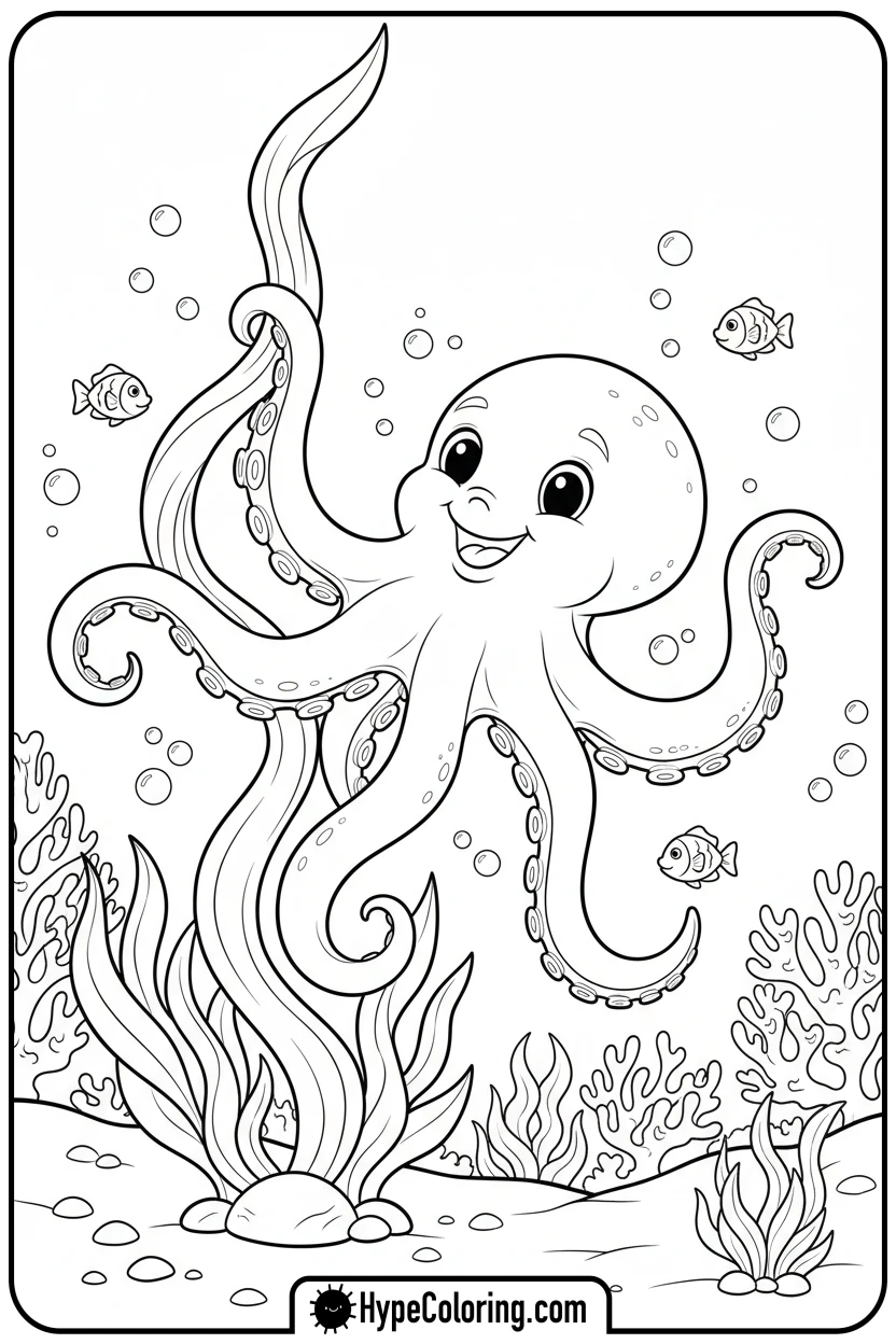 Click to download PDF octopus-swinging-on-kelp - coloring page of an octopus